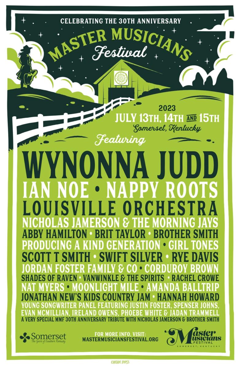 2023 Master Musicians Festival Poster featuring stylized farm scenery and performer names.