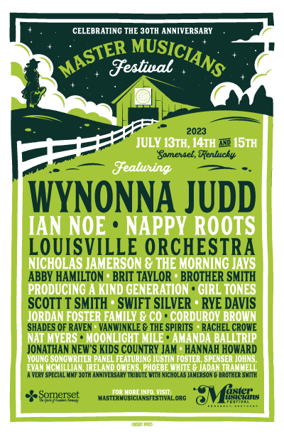 2023 Master Musicians Festival Poster featuring stylized farm scenery and performer names.