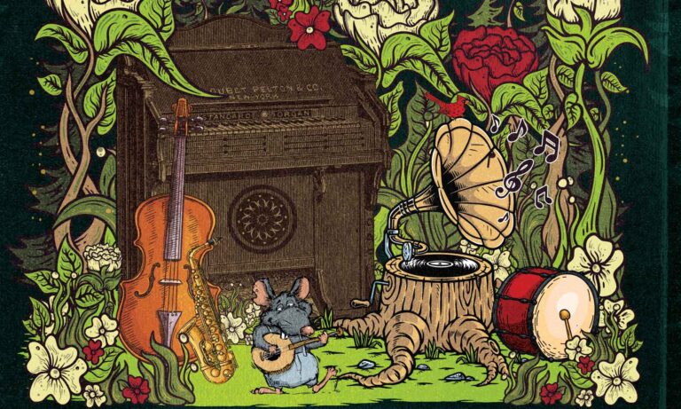 Master Musicians Festival poster for 2024 detail featuring artwork of large flowers, an organ, cello, drum, tree stump record player, saxophone, and mouse playing banjo.