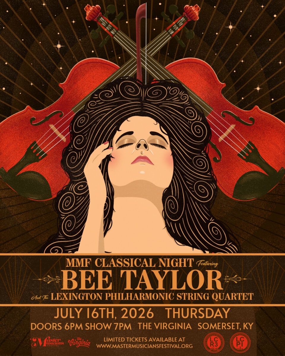 stylized illustration of woman with violins in the background