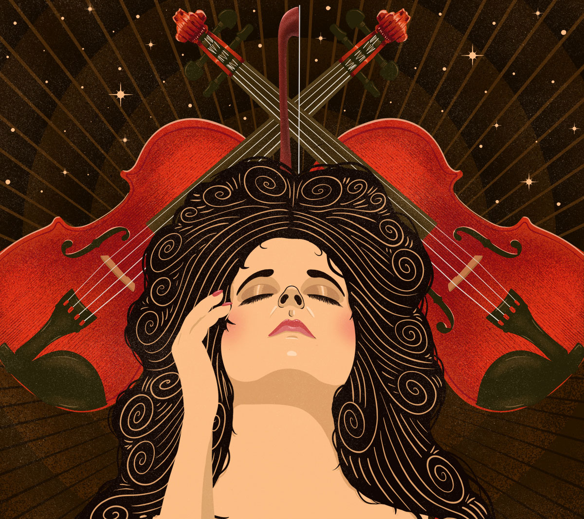 stylized illustration of woman with violins in the background