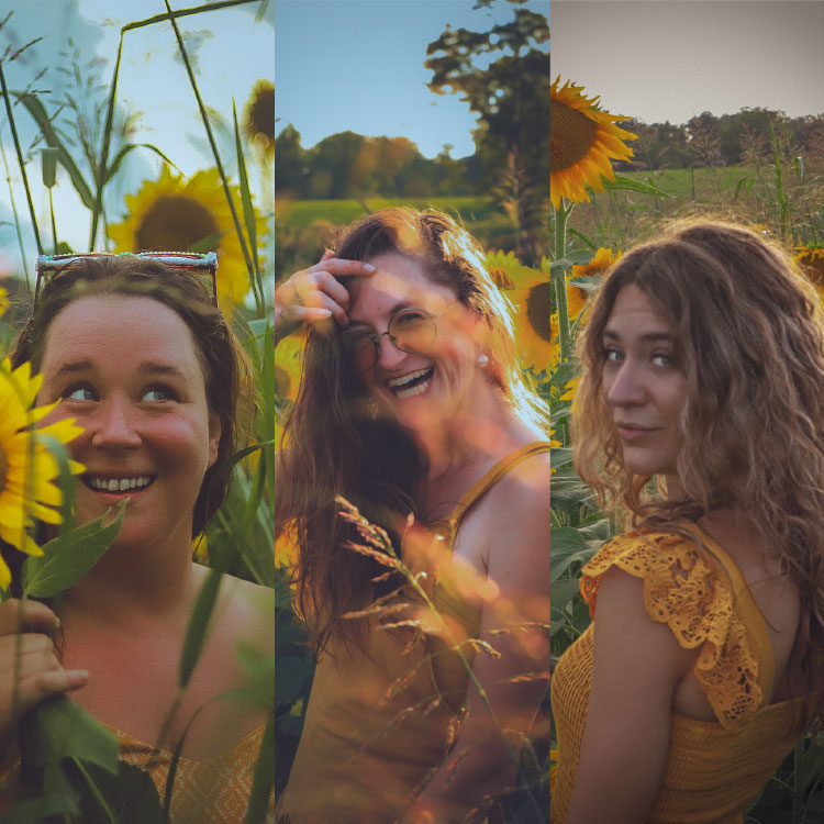 three women with sunflowers